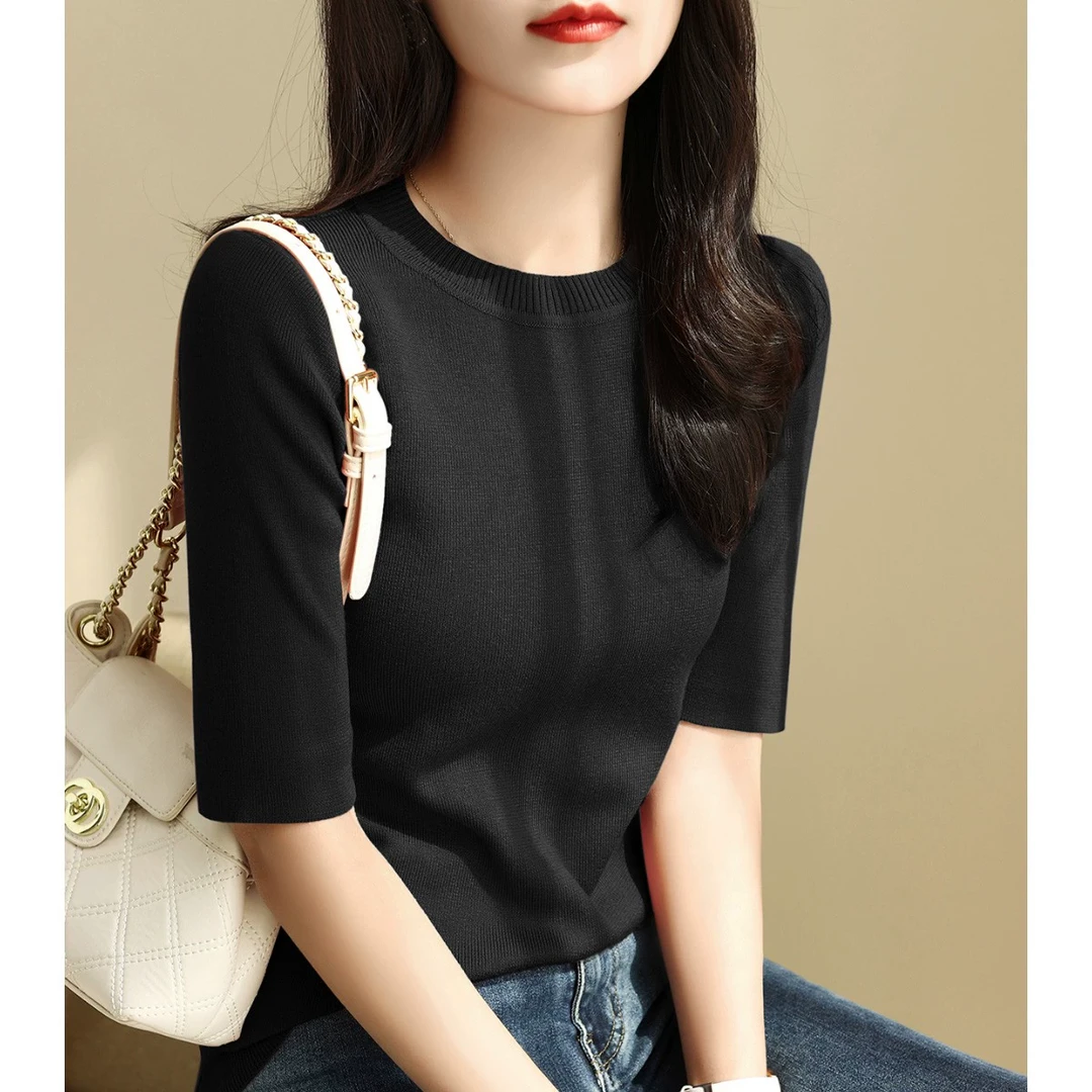 春秋2025新品圆领五分袖黑色针织衫女修身打底慵懒风套头高级上衣