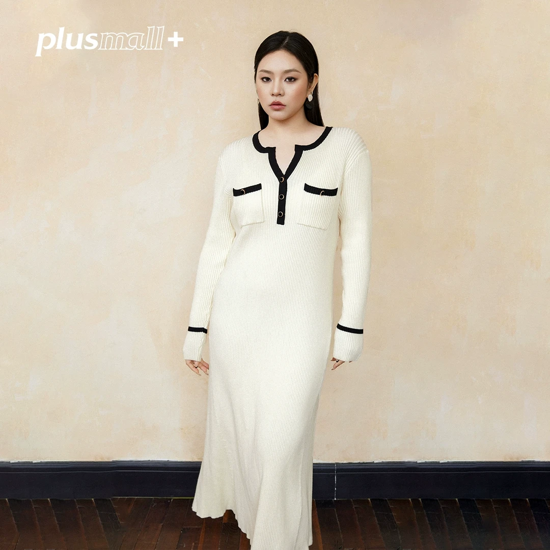 【折扣款】PLUSMALL 宝姿山茶 混纺V领撞色A字裙摆连衣裙PAC2412051