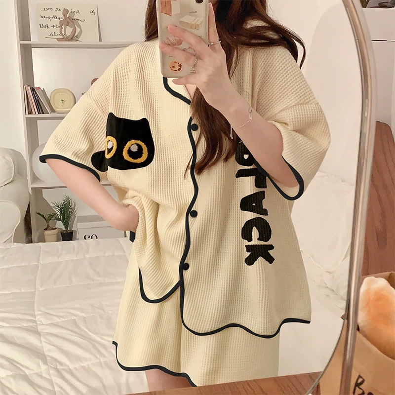 带胸垫一体短袖可爱猫咪睡衣女夏天款针织棉三件套装春秋季家居服