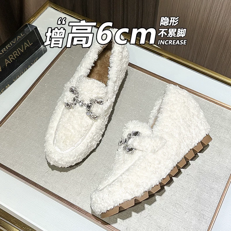 羊羔毛豆豆鞋女内增高6cm小个子厚底一脚蹬白色毛毛鞋外穿高级感