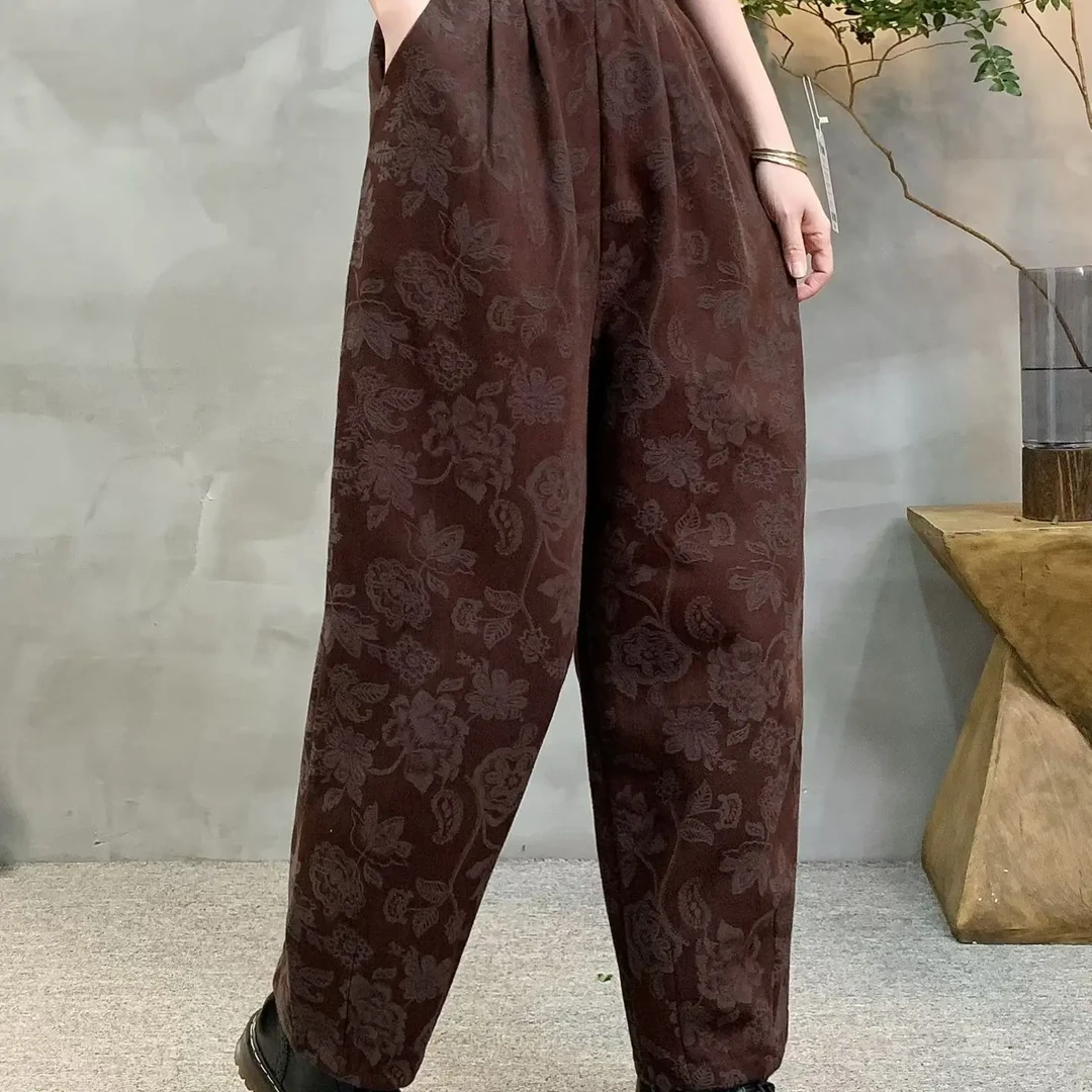 2025气质加绒松紧腰宽松九分复古印花女秋冬花苞休闲灯笼裤