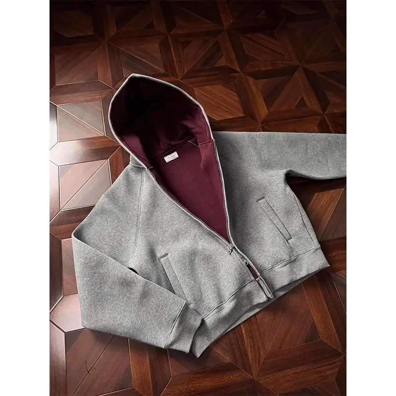 650g帝王红内空气层短款连帽卫衣男款春秋季重磅boxy版型开衫外套