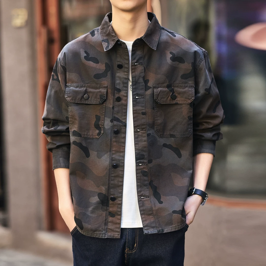 格蓝鹿高端美式复古潮牌迷彩工装衬衫男春季新款宽松长袖衬衣外套