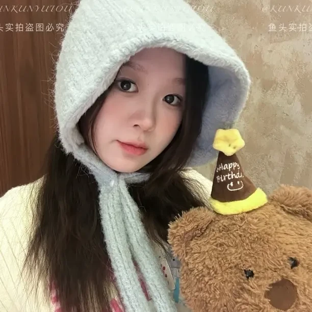 困困鱼头 纯色巴拉克拉法帽纽扣防风保暖毛绒帽甜系护耳水桶帽潮