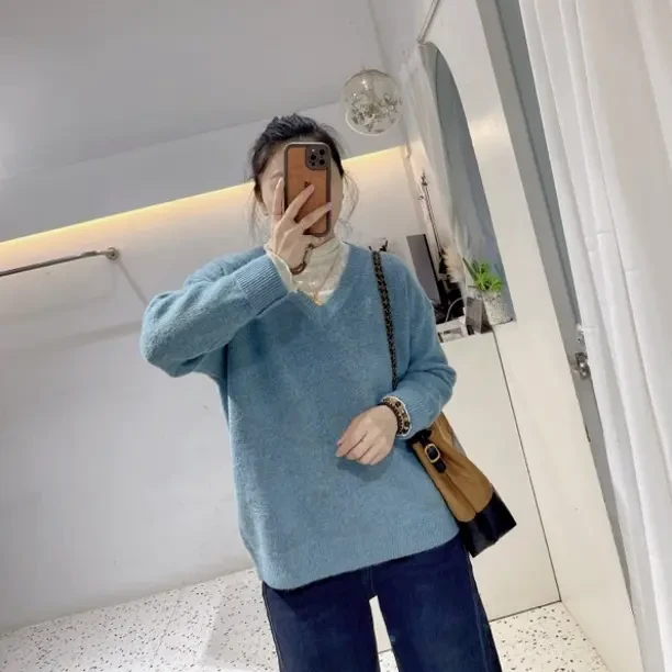 慵懒风V领毛衣经典百搭简约7561