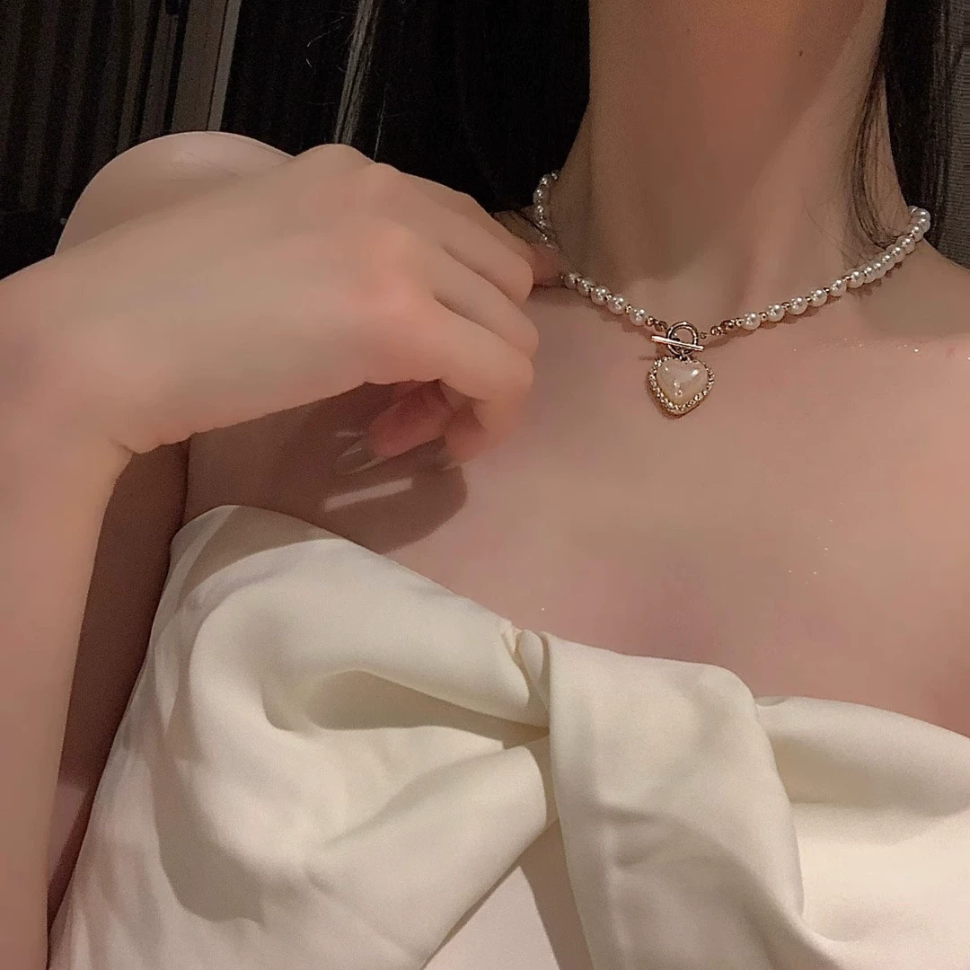 吊坠925银玻璃 SOVOB 爱心珍珠项链女款小众设计感锁骨链2025新款