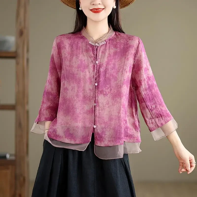 YX#【可搭套装】花色衬衫七分袖女复古盘扣拼接开衫衬衣DY13182B