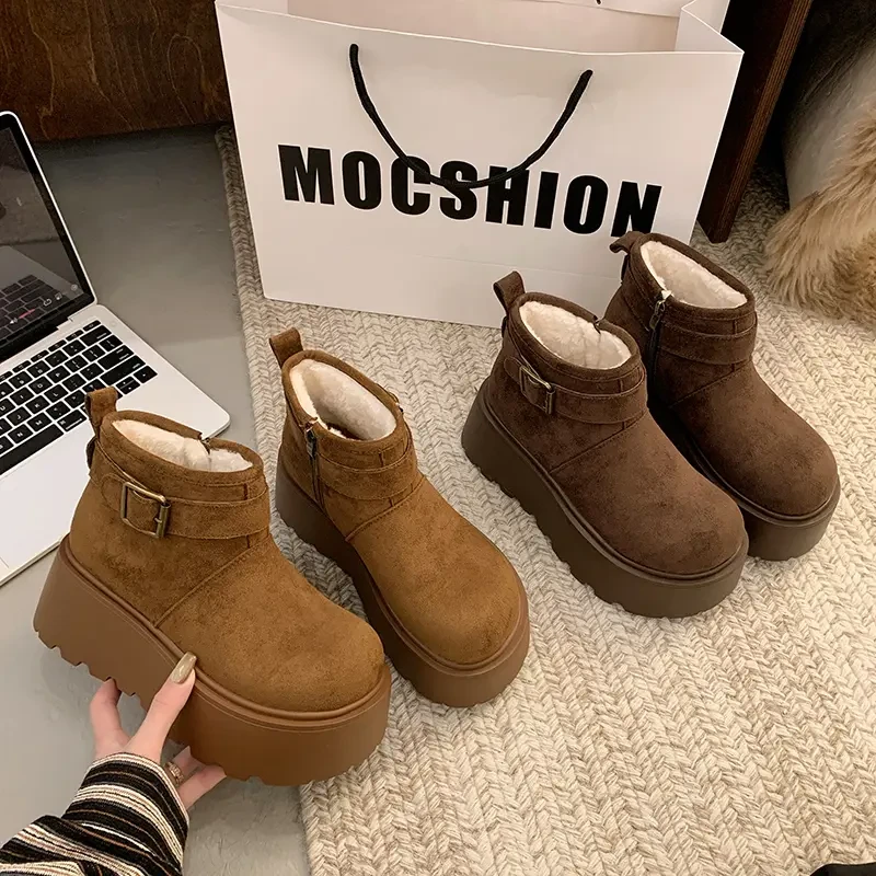 松糕厚底加绒雪地靴女面包短靴2025冬季新款小个子增高勃肯马丁靴
