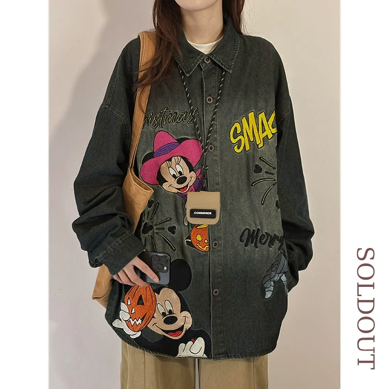 SOLDOUT原创美式复古趣味卡通刺绣牛仔长袖衬衫男女宽松上衣外套