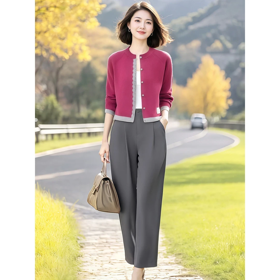 秋季撞色针织短款开衫女时髦显高拼接蕾丝边纽扣圆领小外套