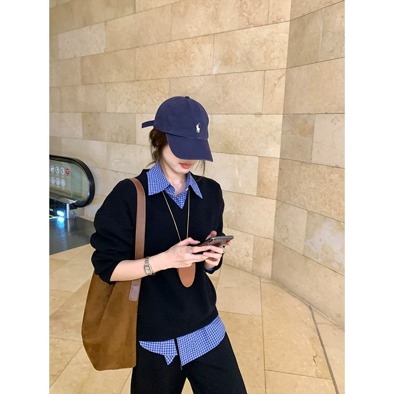 【韩11】慵懒风纯色百搭v领毛衣女秋冬小个子宽松遮肉休闲减龄上衣