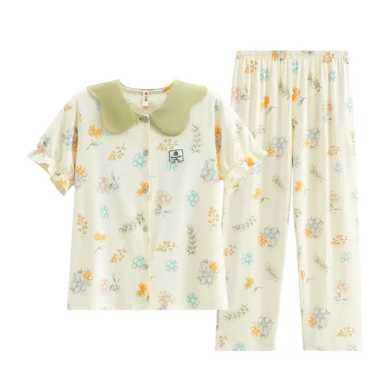 芬腾睡衣女款夏季圆领开衫纯棉短袖长裤套装薄款可外穿空调家居服