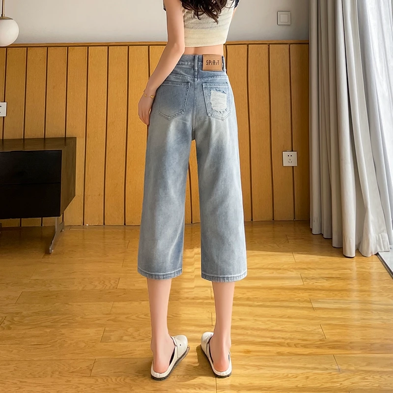 浅色破洞牛仔裤女装2025年夏季薄款高腰窄版直筒裤小个子七分裤子