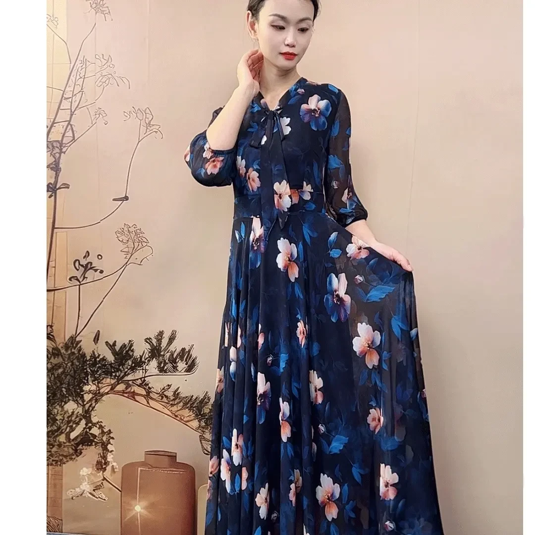 碎花连衣裙气质显瘦优雅修身大摆长款裙子X642-25飘带领七分袖