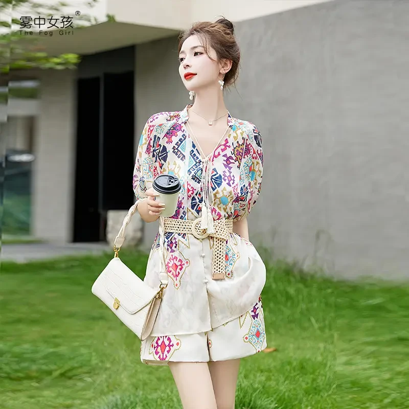 印花清新高腰甜美套装短袖夏季宽松遮肉显瘦阔腿短裤两件套裤休闲