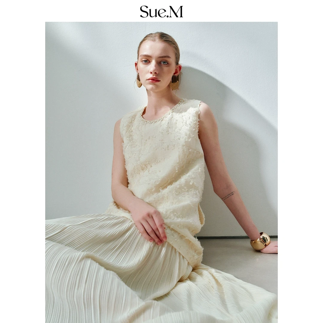Sue.m设计师款飘逸剪花莱赛尔无袖连衣裙女轻薄透气亚麻气质裙子