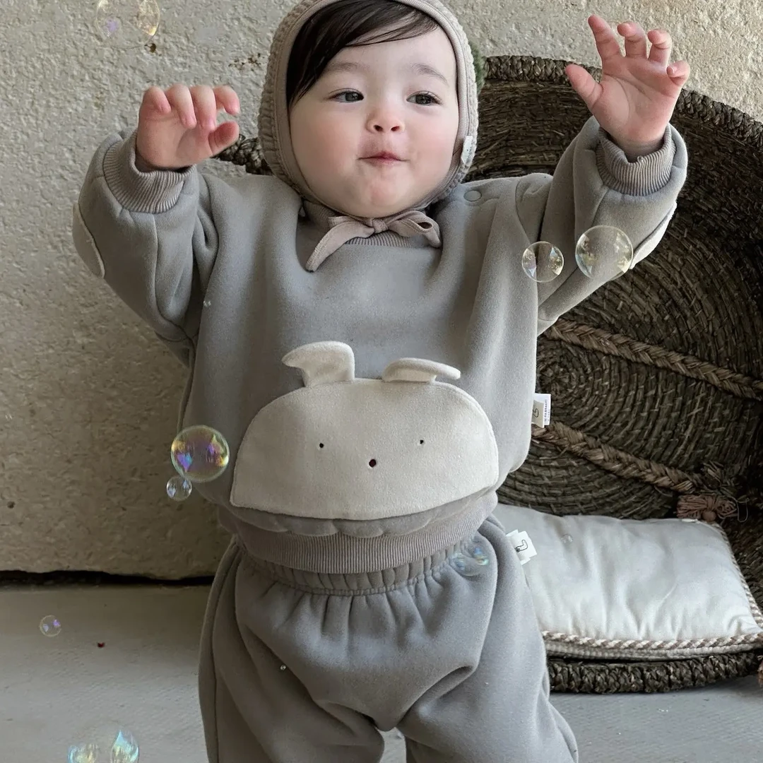 【迪莫bebe】松虫秋冬新款婴幼儿韩系灰色可爱加厚圆领套装25673