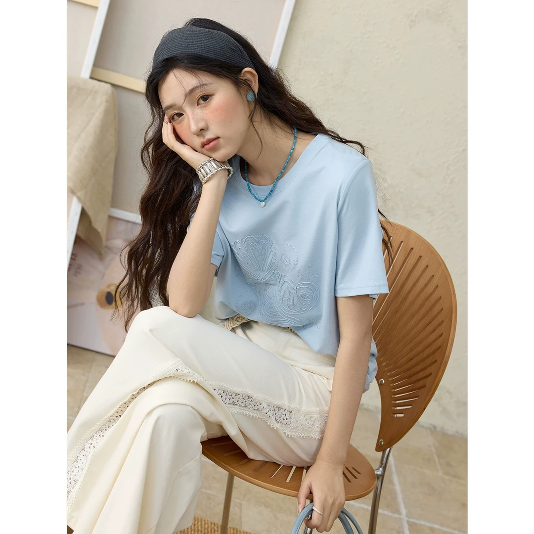 【年中大促】谜秀新品海盐蓝贝壳绣T恤女2025圆领宽松显瘦棉质短袖