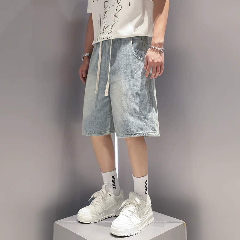 有术竹节纹抽绳牛仔短裤男夏季潮牌痞帅设计感直筒宽松休闲五分裤