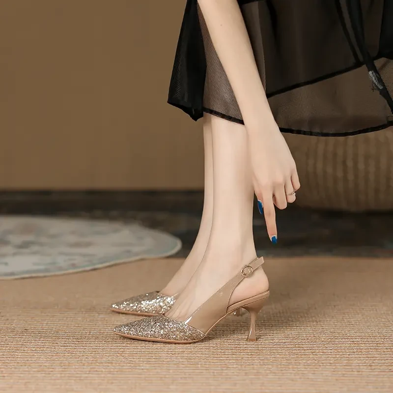 HJ2025款尖头高跟鞋粉钻时尚经典设计感小众气质温柔细跟包头凉鞋