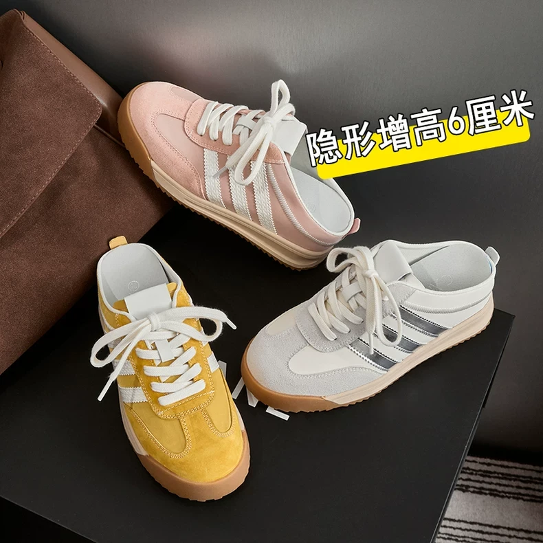内增高德训鞋女2025新款夏真皮休闲运动软底一脚蹬懒人包头半拖鞋