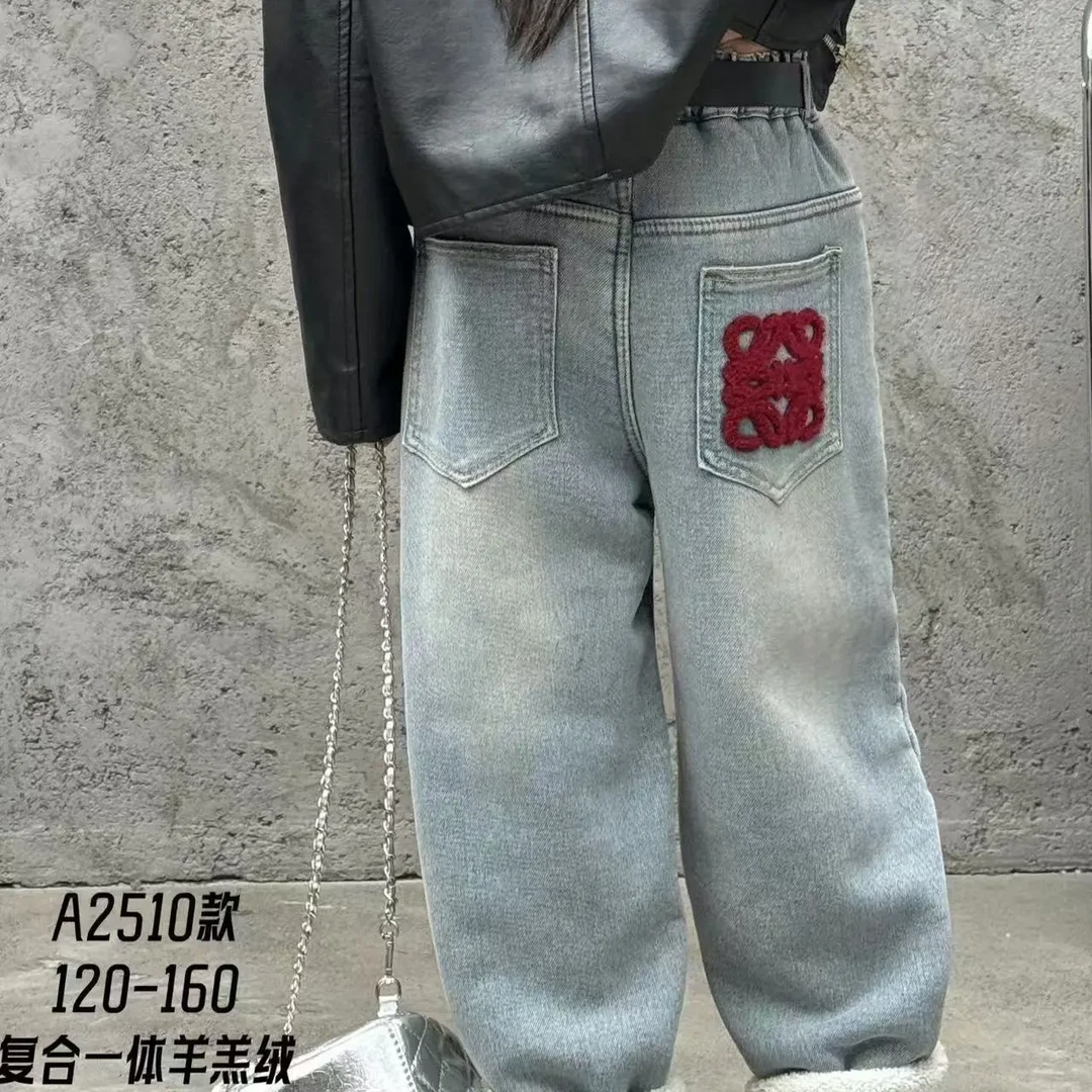 中童牛仔裤蓝色卷边羊羔毛红色刺绣儿童牛仔裤加厚羊羔毛羊羔绒