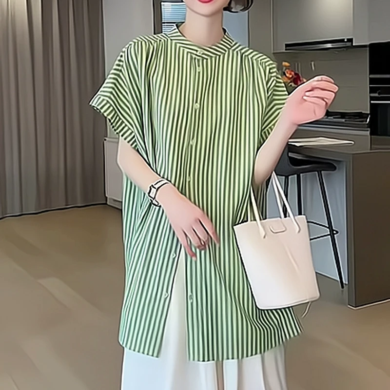 立领条纹衬衫女夏季2025宽松型时尚减龄独特超好看中长款短袖上衣