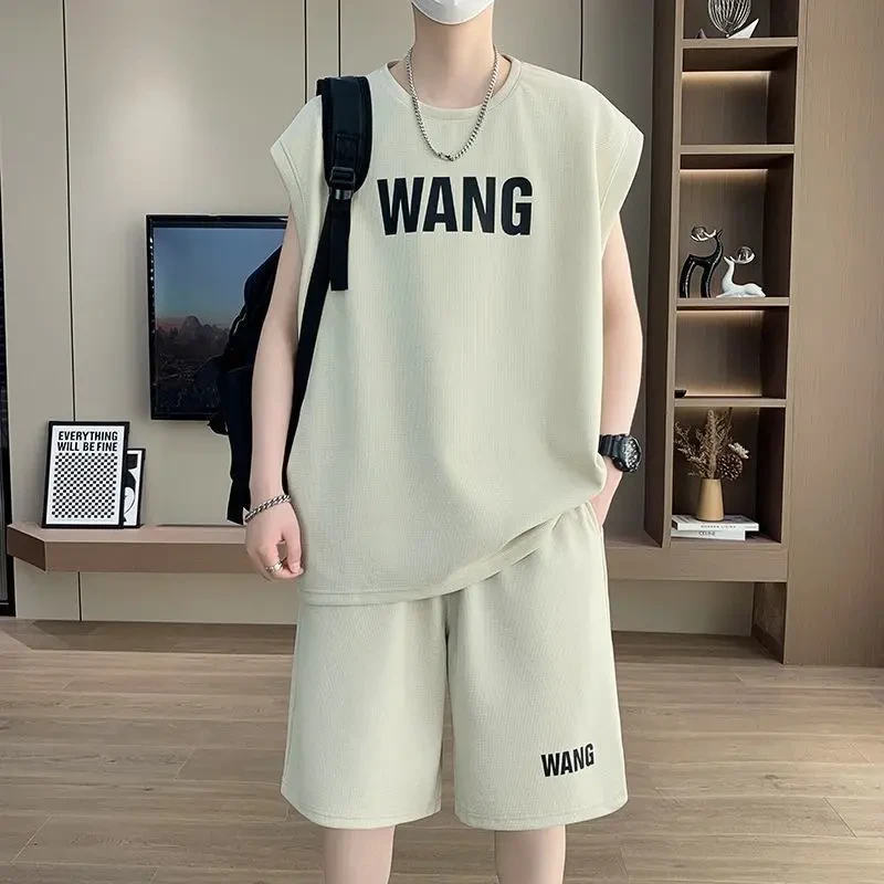 港风休闲无袖t恤套装男款夏季潮流宽松青少年运动背心短裤两件套