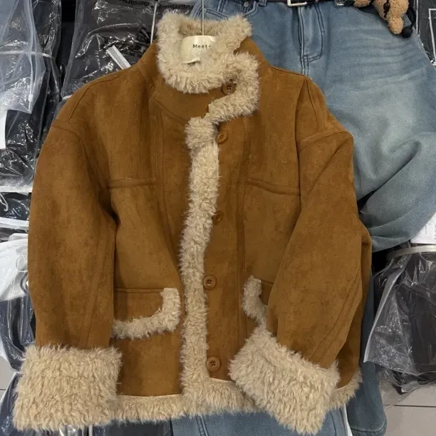 MEET定制工厂单冬季翻领加厚拼接极简风毛毛外套秋冬