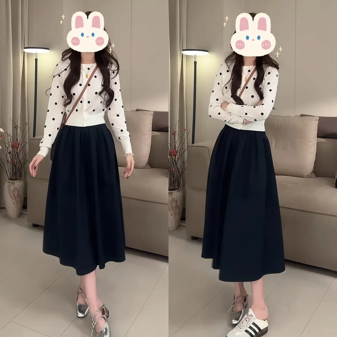 早秋新款气质长袖显瘦针织开衫轻奢波点上衣半身裙浪漫慵懒风套装