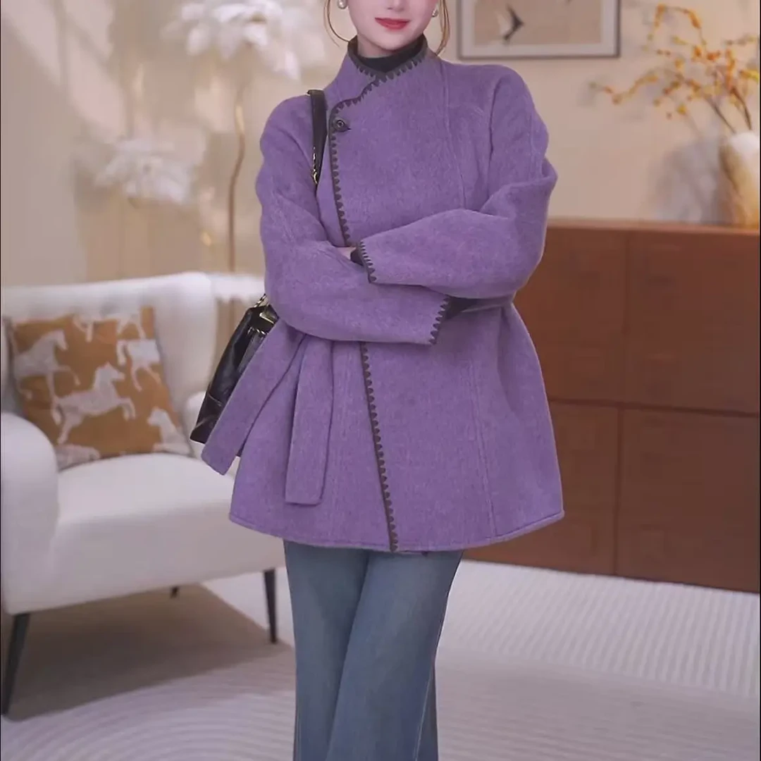 【刻遇专属】冬季新款韩系简约百搭轻熟风中长款立领系带毛呢外套女