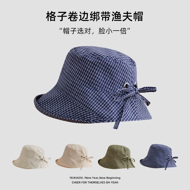 ins遮阳防晒帽大帽檐出游度假显脸小格子渔夫帽子日系复古女夏季