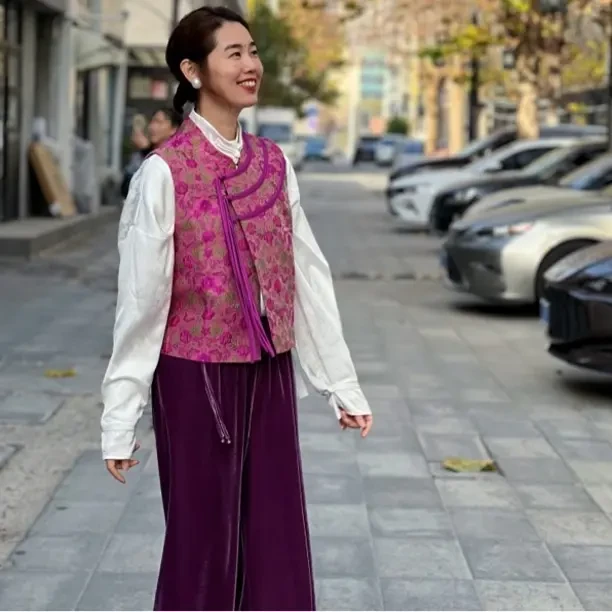 新中式国风秋冬女盘扣斜襟缎面马甲