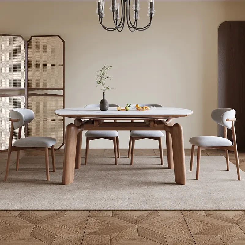 大象腿岩板餐桌可伸缩家用小户型现代简约实木方变圆餐桌多功能