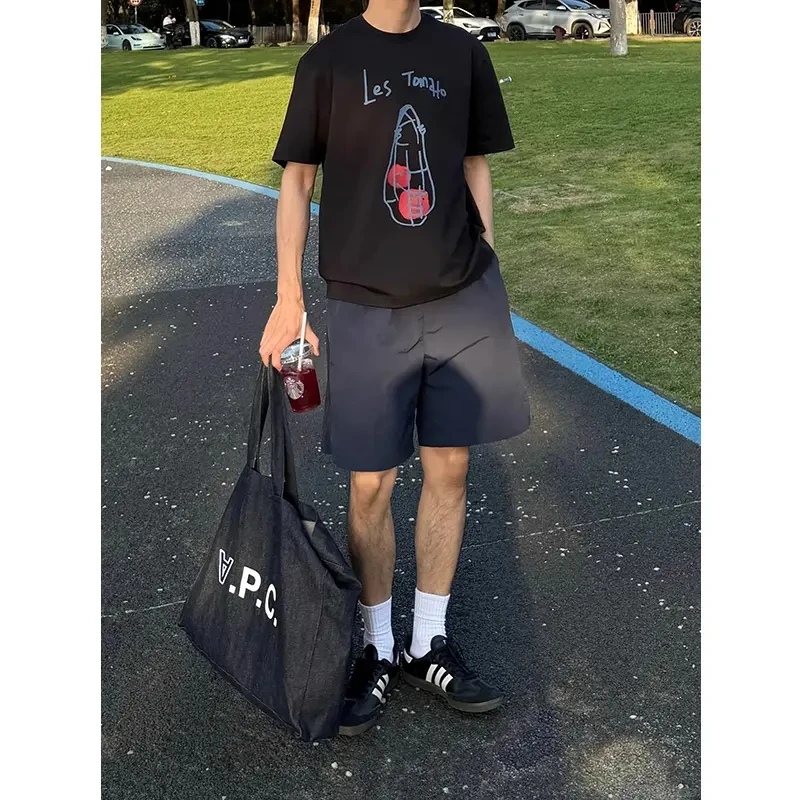 藏青色速干运动短裤男款夏外穿薄款透气美式裤子宽松不过膝四分裤