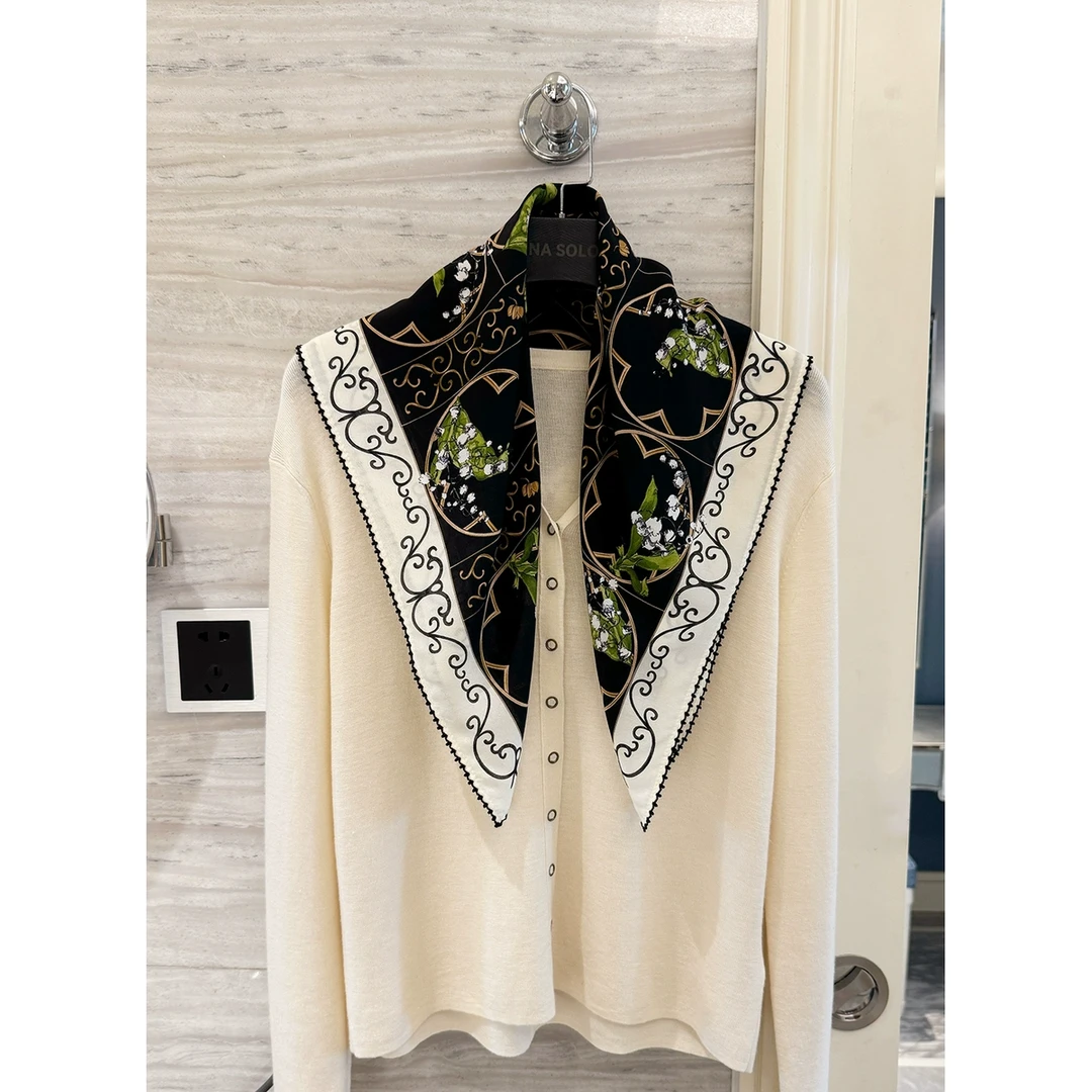 NINASOLOR春夏 铃兰藤蔓 黑白绿双绉真丝勾花花边桑蚕丝丝巾66cm