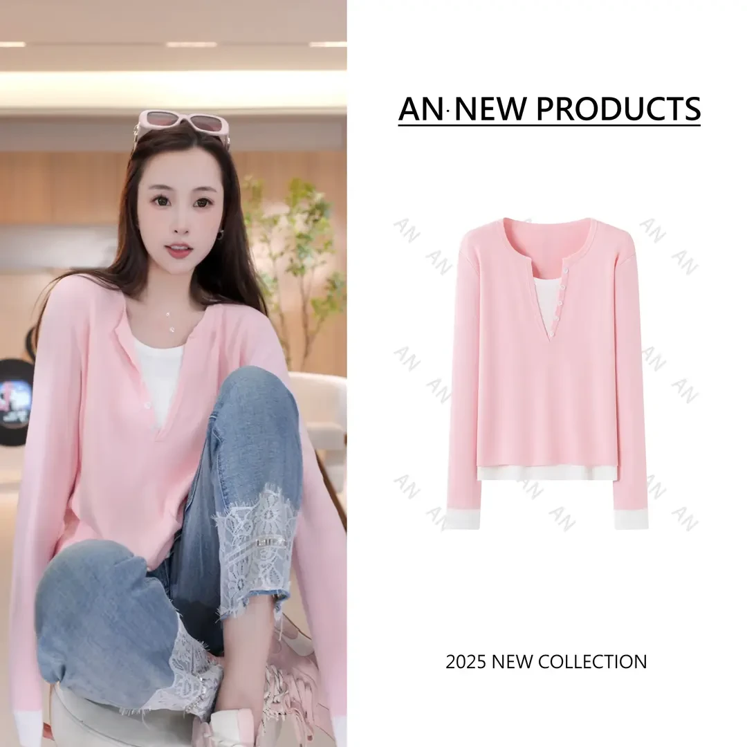 2025春夏新款时尚百搭假两件上衣女气质宽松显瘦长袖薄款针织衫潮