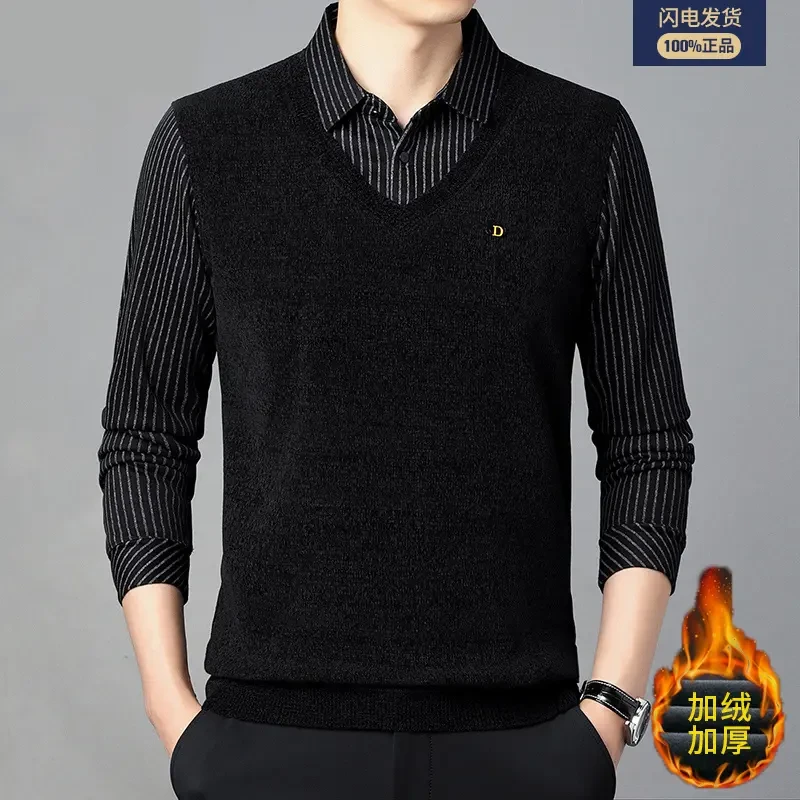 男士冬季假两件加绒加厚雪尼尔针织保暖打底衫毛衣青中年休闲冬装