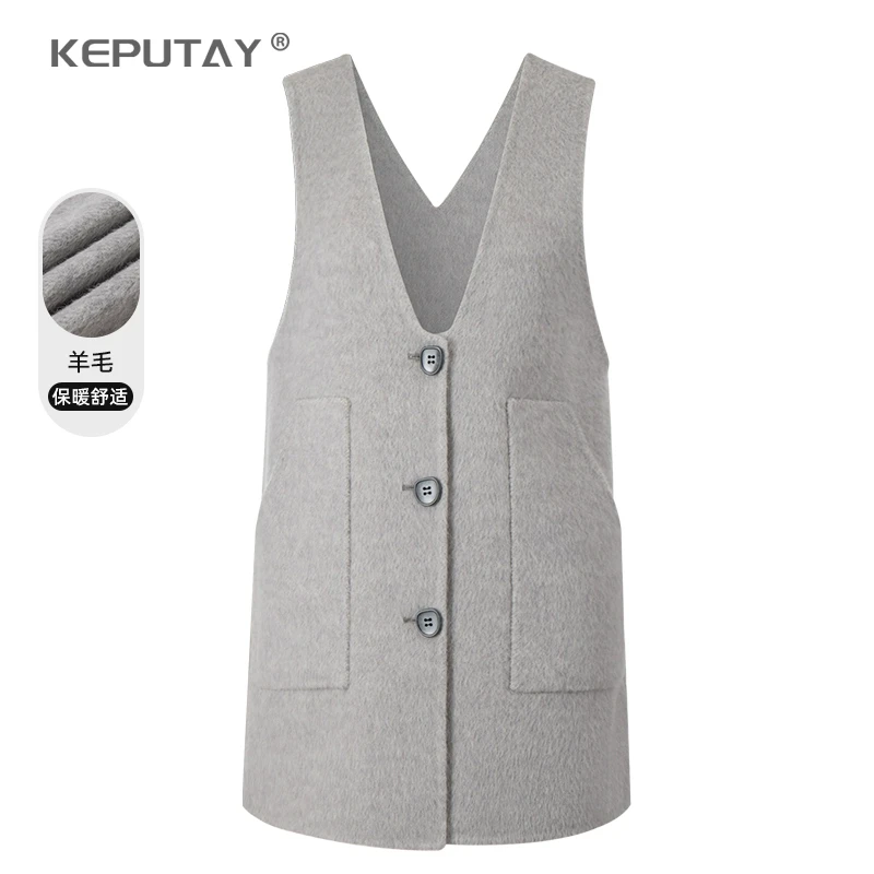 毛呢连衣裙2024冬新款高级灰色无袖宽松双面呢V领马甲中长裙 显瘦