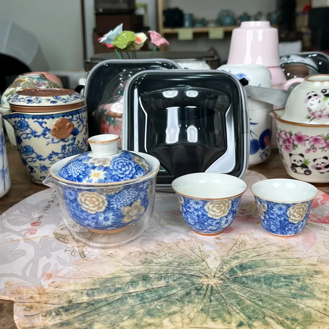 【品质优选】一壶两杯花朵女性茶具简单小巧户外便捷式茶具包H222