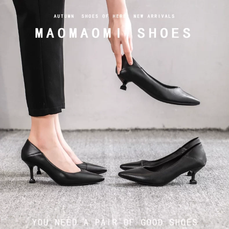 空乘高跟鞋女2025年新款细跟职业真皮3cm小跟单鞋面试黑色工作鞋