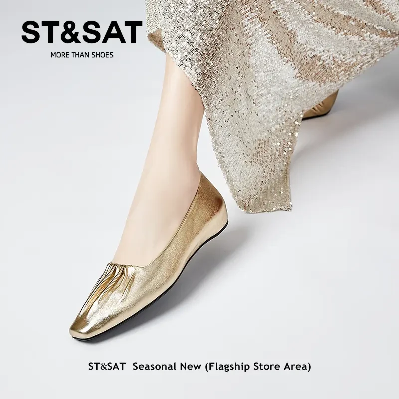 星期六气质浅口小皮鞋女夏季时尚网红金色玛丽珍鞋配裙子软底单鞋