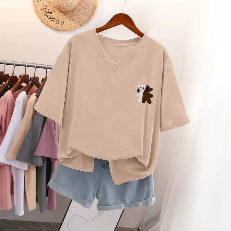夏季胖mm大码V领纯棉短袖t恤女装2025年新款休闲百搭显瘦遮肚上衣