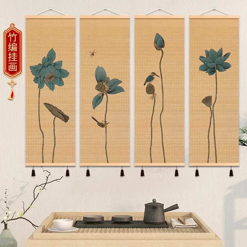 竹编挂画中式装饰画茶室过道新中式竹帘画壁画楼梯走廊竹画玄关