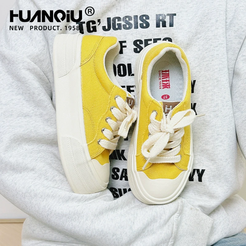 环球黄色帆布鞋女款2025新款芒果头厚底鞋子女春季休闲轻便女鞋潮