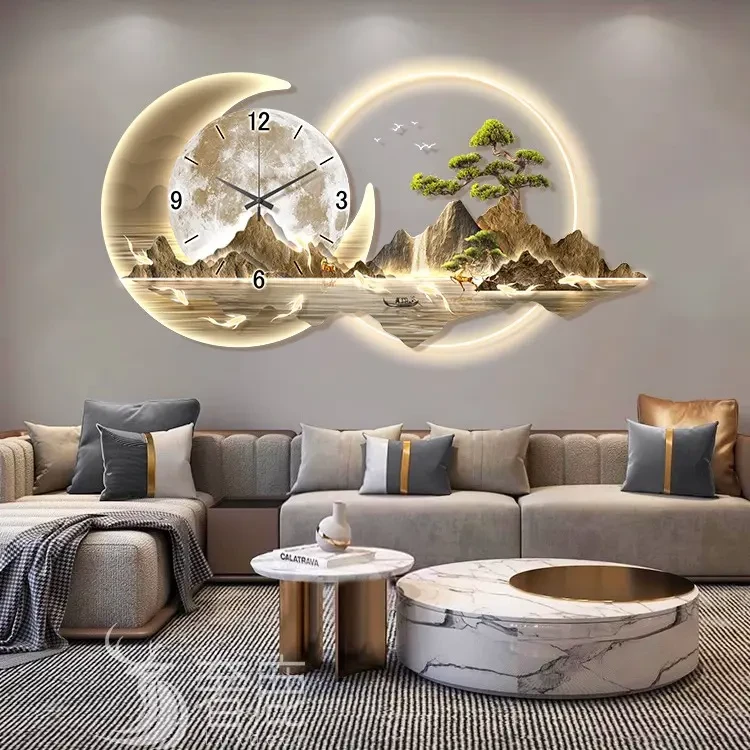 日照金山装饰画带时钟客厅背景墙挂画创意饭厅挂钟沙发背景装饰画