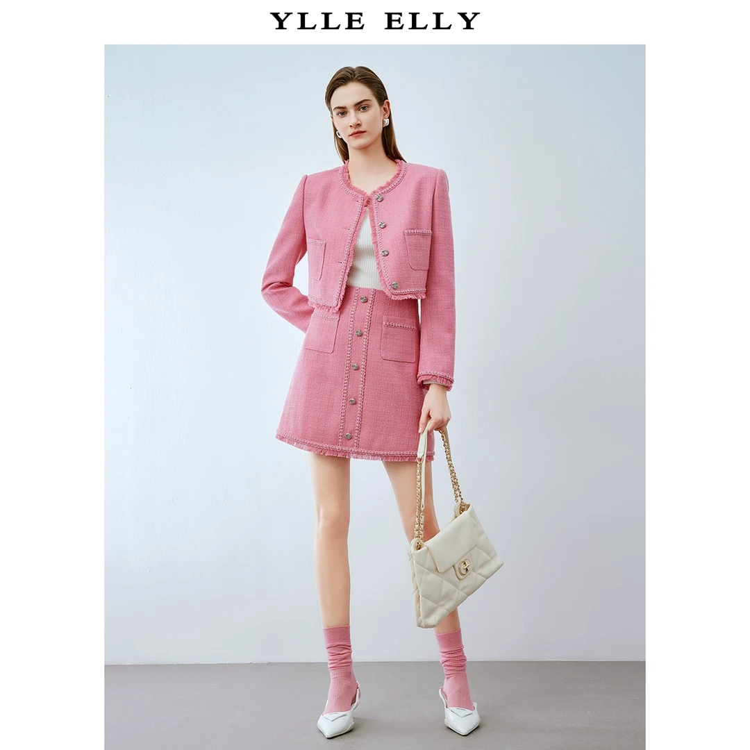 YLLE ELLY小香风款外套2024春季新款花呢编织流苏毛边浪漫粉上衣