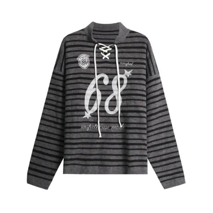 松弛感拼色条纹系带毛衣女秋冬慵懒风宽松针织情侣上衣