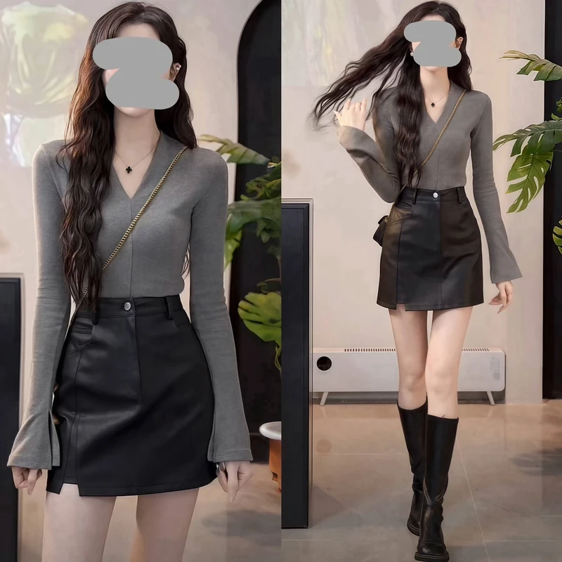 时尚修身气质长袖V领显瘦打底上衣女高腰包臀百搭A字半身短裙套装