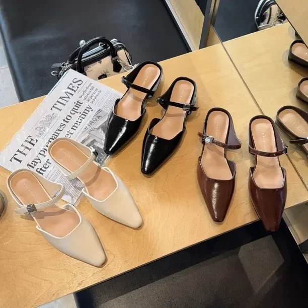 漫斯贝尔低帮包头时装凉鞋低跟纯色玛丽珍女中跟夏季法式粗跟鞋气